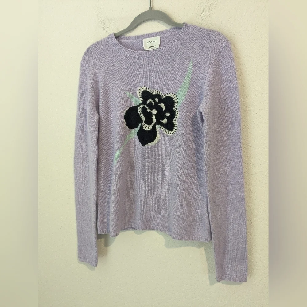 St. John Lilac Purple Floral Intarsia 100% Cashmere Crewneck Sweater Designer